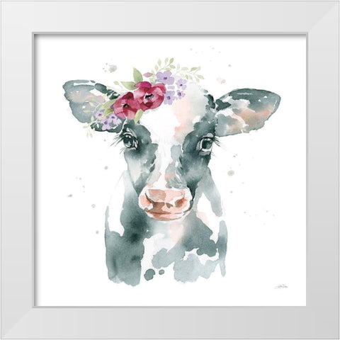 Floral Cow Pink Sq White Modern Wood Framed Art Print by Pete, Katrina
