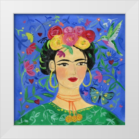 Frida Blue White Modern Wood Framed Art Print by Zaman, Farida