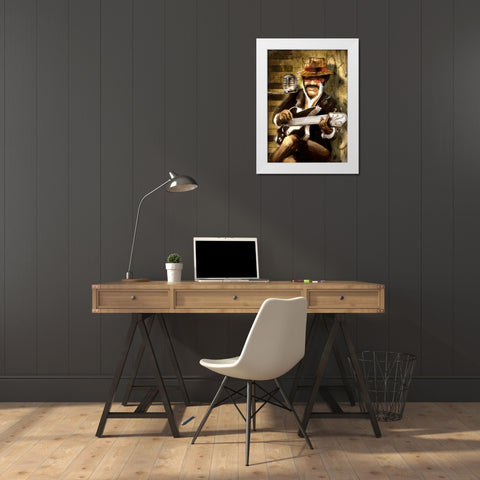 The Guitarist White Modern Wood Framed Art Print by Sola, Bresso