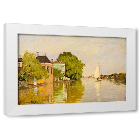 Houses on the Achterzaan White Modern Wood Framed Art Print by Monet, Claude