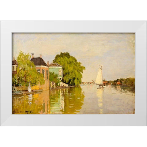 Houses on the Achterzaan White Modern Wood Framed Art Print by Monet, Claude