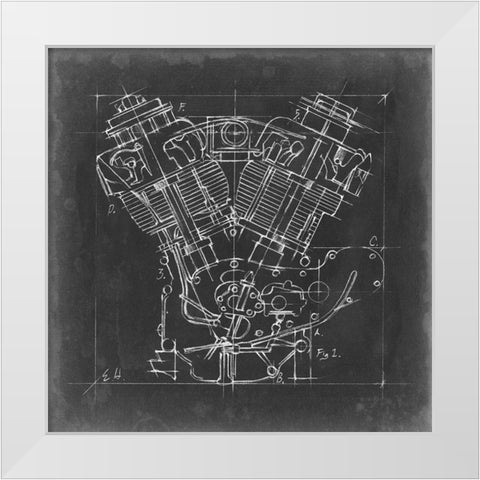Motorcycle Engine Blueprint I White Modern Wood Framed Art Print by Harper, Ethan