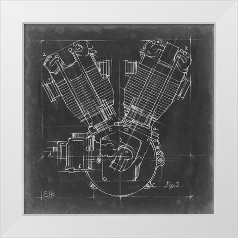 Motorcycle Engine Blueprint III White Modern Wood Framed Art Print by Harper, Ethan