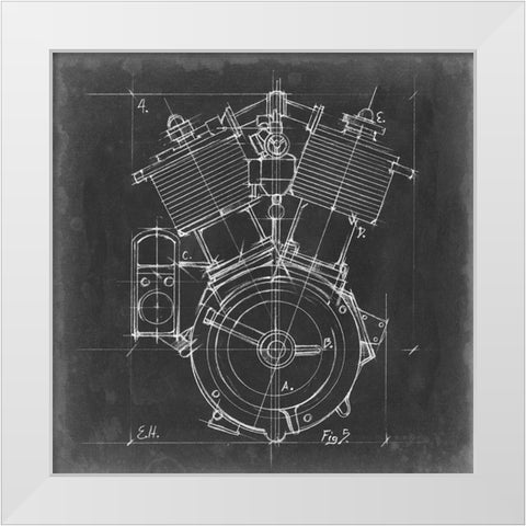 Motorcycle Engine Blueprint IV White Modern Wood Framed Art Print by Harper, Ethan
