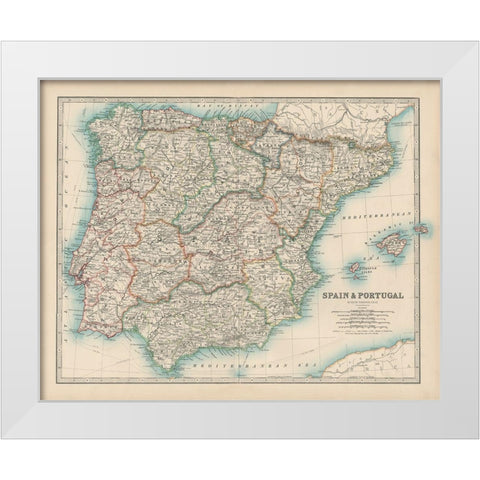 Johnstons Map of Spain and Portugal White Modern Wood Framed Art Print by Johnston
