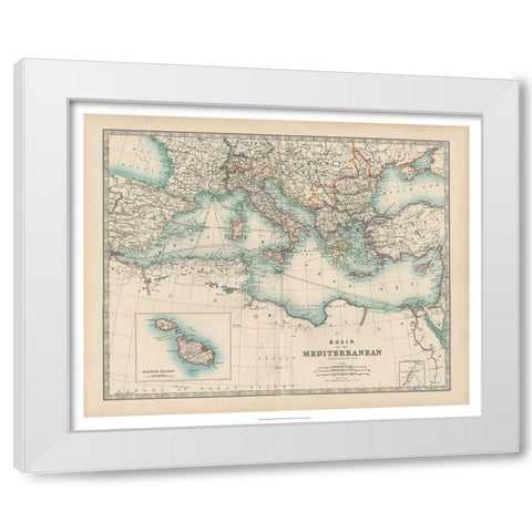 Johnstons Map of the Mediterranean White Modern Wood Framed Art Print by Johnston