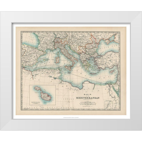 Johnstons Map of the Mediterranean White Modern Wood Framed Art Print by Johnston
