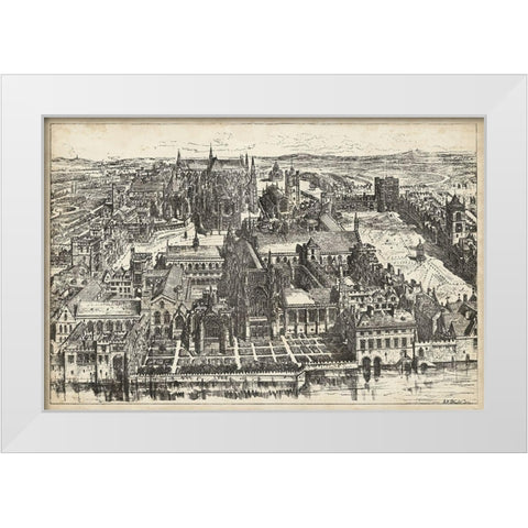 Birds Eye View of London - Westminster White Modern Wood Framed Art Print by Unknown