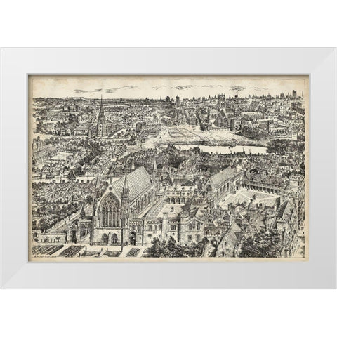 Birds Eye View of London - Ely Place White Modern Wood Framed Art Print by Unknown