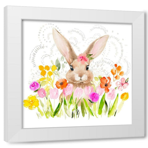 April Flowers and Bunny I White Modern Wood Framed Art Print by Parker, Jennifer Paxton