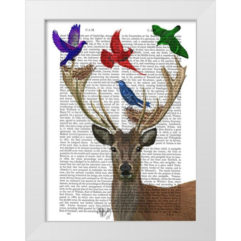 Deer and Birds Nests White Modern Wood Framed Art Print by Fab Funky