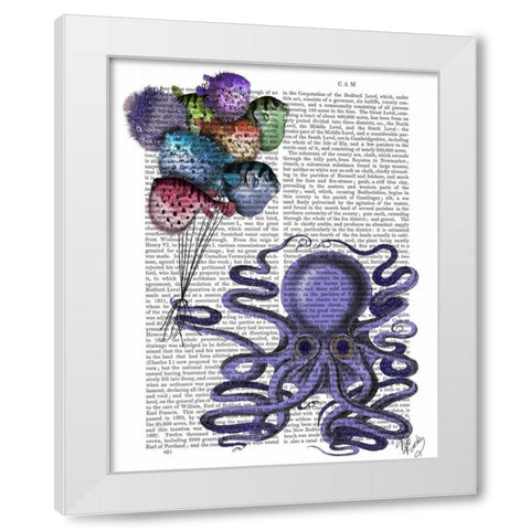 Octopus and Puffer Fish Balloons White Modern Wood Framed Art Print by Fab Funky