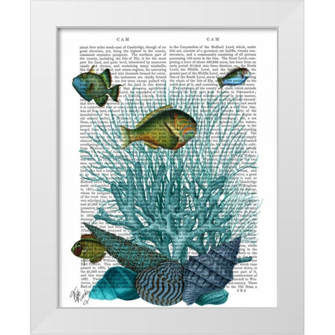 Fish Blue Shells and Corals White Modern Wood Framed Art Print by Fab Funky