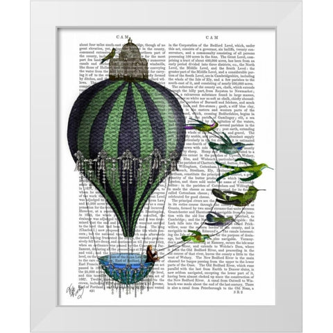 Hot Air Balloon and Birds White Modern Wood Framed Art Print by Fab Funky