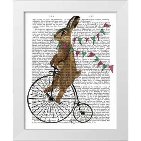 Rabbit On Penny Farthing White Modern Wood Framed Art Print by Fab Funky