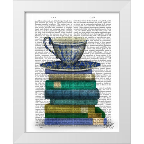 Teacup and Books White Modern Wood Framed Art Print by Fab Funky