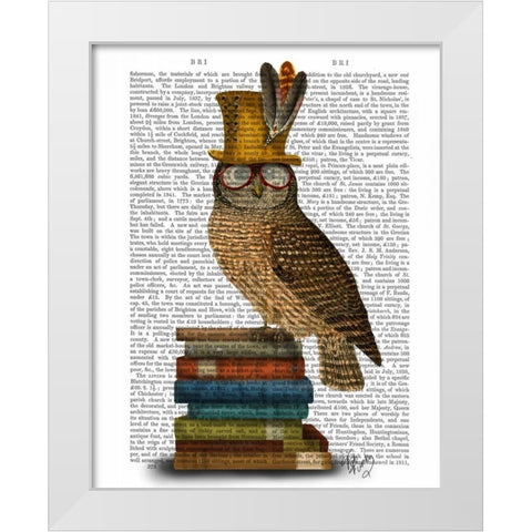 Owl On Books White Modern Wood Framed Art Print by Fab Funky