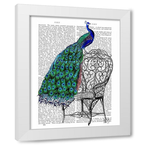 Peacock on Chair White Modern Wood Framed Art Print by Fab Funky
