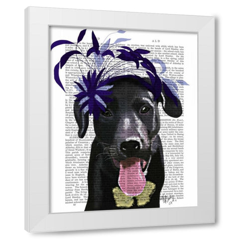 Black Labrador With Blue Fascinator White Modern Wood Framed Art Print by Fab Funky
