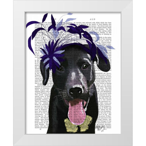 Black Labrador With Blue Fascinator White Modern Wood Framed Art Print by Fab Funky