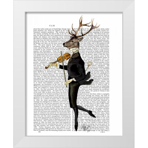 Dancing Deer with Violin White Modern Wood Framed Art Print by Fab Funky