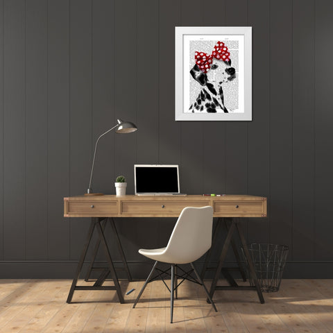 Dalmatian With Red Bow White Modern Wood Framed Art Print by Fab Funky