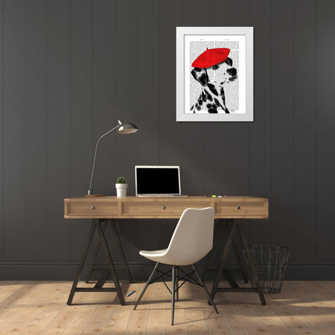 Dalmatian With Red Beret White Modern Wood Framed Art Print by Fab Funky