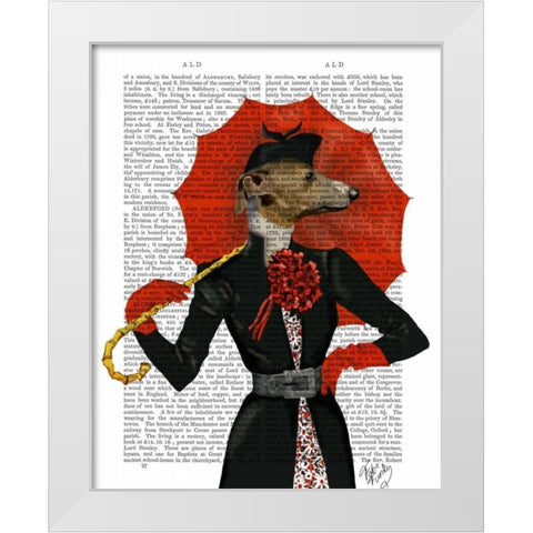 Elegant Greyhound and Red Umbrella White Modern Wood Framed Art Print by Fab Funky