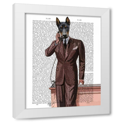 Doberman on Phone White Modern Wood Framed Art Print by Fab Funky