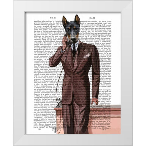Doberman on Phone White Modern Wood Framed Art Print by Fab Funky