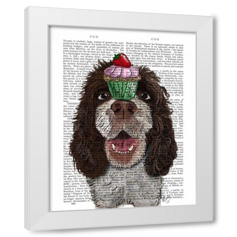 Springer Spaniel with Cupcake White Modern Wood Framed Art Print by Fab Funky