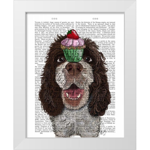 Springer Spaniel with Cupcake White Modern Wood Framed Art Print by Fab Funky