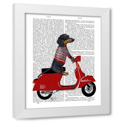 Dachshund on a Moped White Modern Wood Framed Art Print by Fab Funky