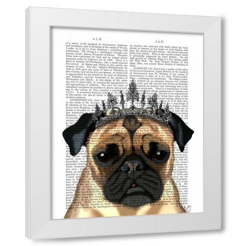 Pug With Tiara White Modern Wood Framed Art Print by Fab Funky