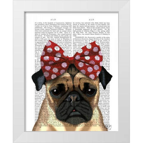 Pug with Red Spotty Bow On Head White Modern Wood Framed Art Print by Fab Funky
