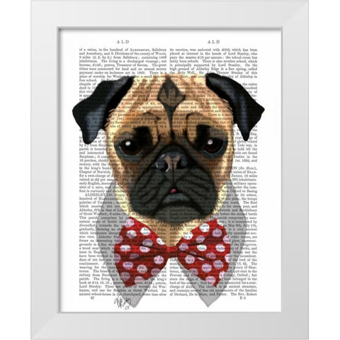 Pug with Red Spotted Bow Tie White Modern Wood Framed Art Print by Fab Funky