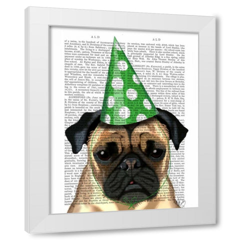 Party Pug White Modern Wood Framed Art Print by Fab Funky