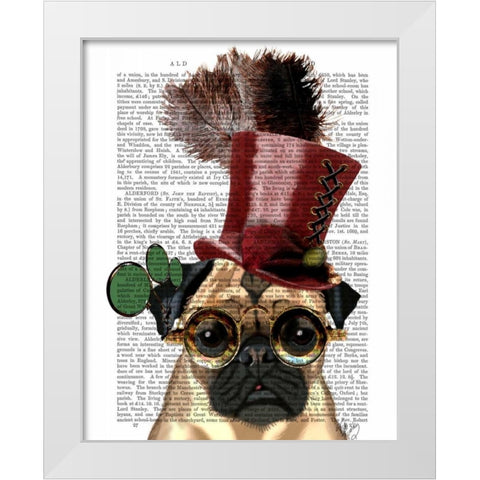 Pug with Steampunk Style Top Hat White Modern Wood Framed Art Print by Fab Funky