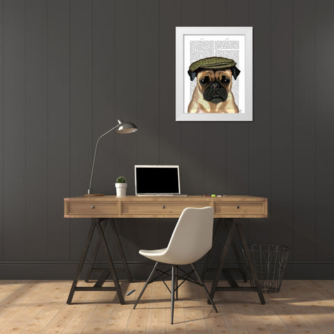 Pug in Flat Cap White Modern Wood Framed Art Print by Fab Funky