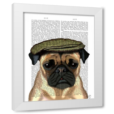 Pug in Flat Cap White Modern Wood Framed Art Print by Fab Funky