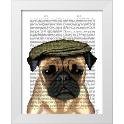 Pug in Flat Cap White Modern Wood Framed Art Print by Fab Funky