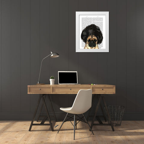 Pug In A Bad Wig White Modern Wood Framed Art Print by Fab Funky
