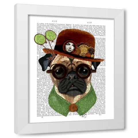 Pug with Steampunk Bowler Hat White Modern Wood Framed Art Print by Fab Funky