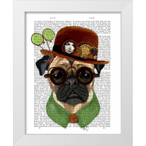 Pug with Steampunk Bowler Hat White Modern Wood Framed Art Print by Fab Funky