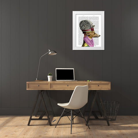 Greyhound in 16th Century Hat White Modern Wood Framed Art Print by Fab Funky