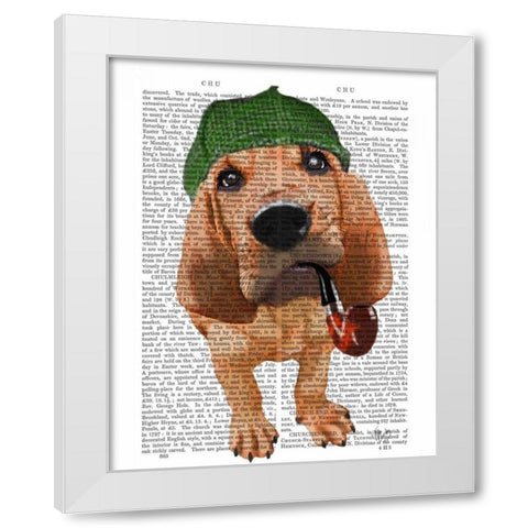 Bloodhound Sherlock Holmes White Modern Wood Framed Art Print by Fab Funky