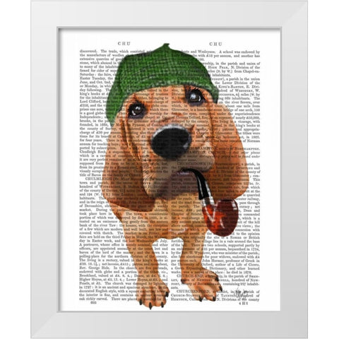 Bloodhound Sherlock Holmes White Modern Wood Framed Art Print by Fab Funky