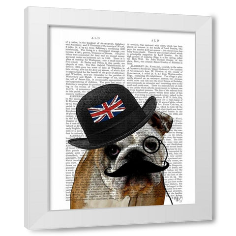 British Bulldog and Bowler Hat White Modern Wood Framed Art Print by Fab Funky