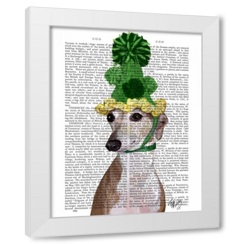 Greyhound in Green Knitted Hat White Modern Wood Framed Art Print by Fab Funky