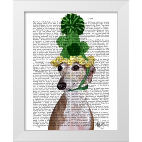 Greyhound in Green Knitted Hat White Modern Wood Framed Art Print by Fab Funky